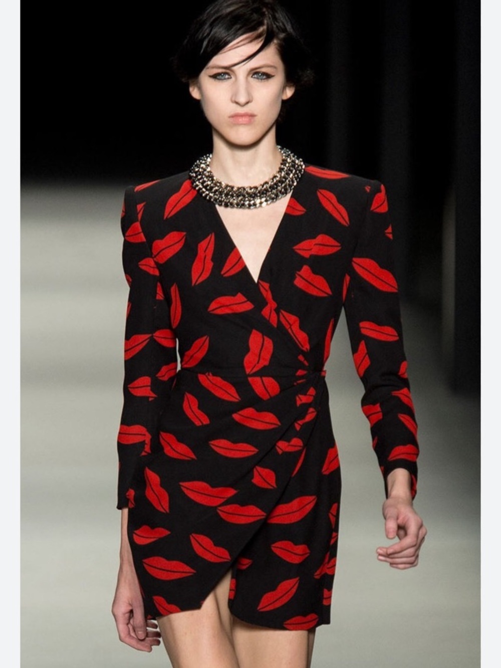NWOT Saint Laurent Black and Red Lip Print Wrap Dress - Picture 5 of 12
